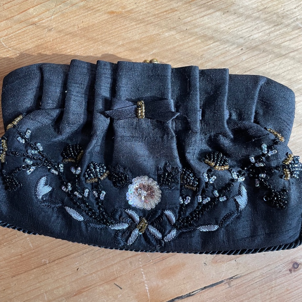 Black silk beaded clutch, 9 x 7 inch pocket capacity